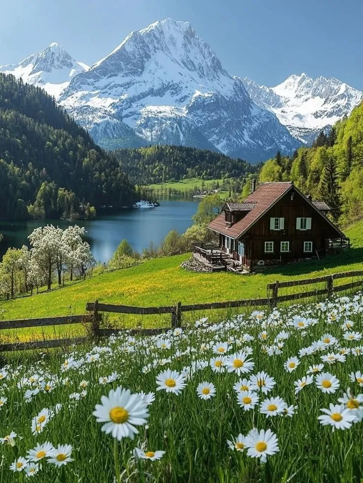 a house in the middle of a field with daisies and mountains in the background