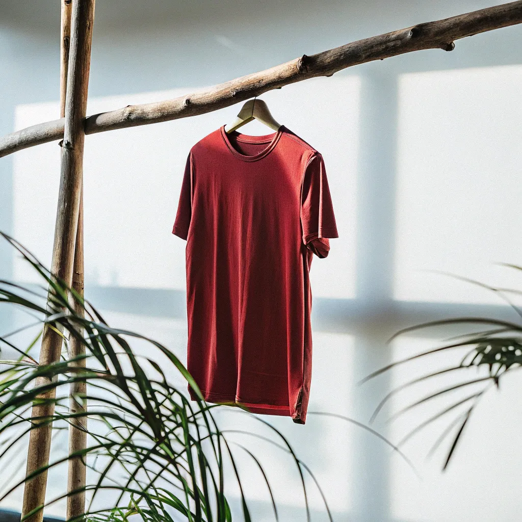 red t-shirt, minimalistic light background