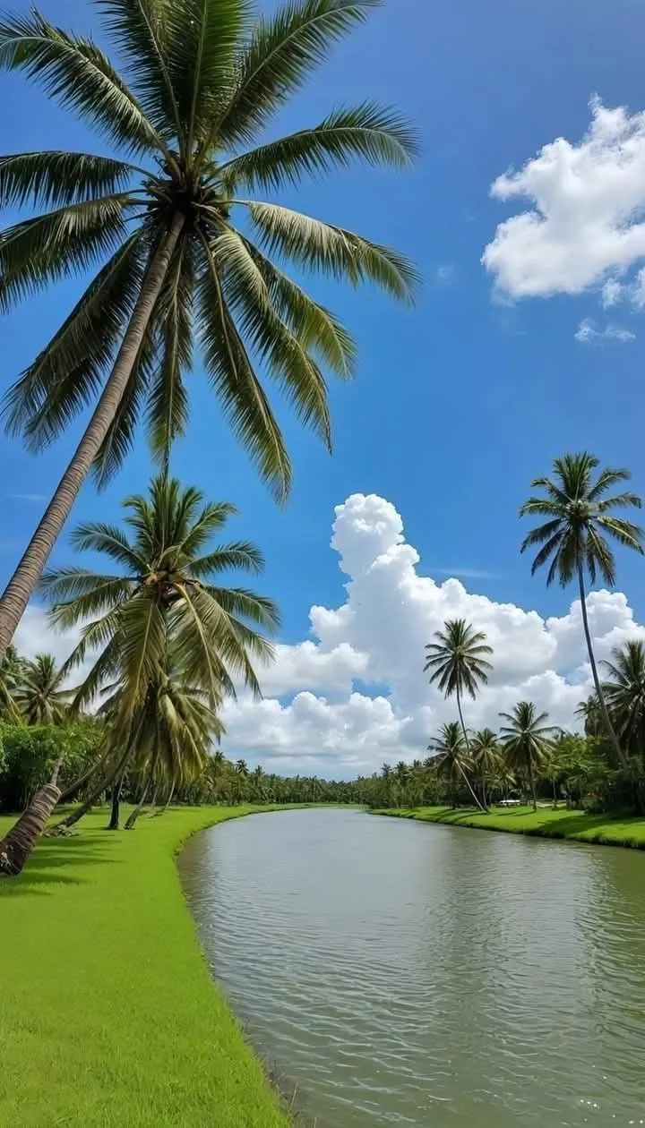 palm trees line the edge of a body of water with green grass on both sides