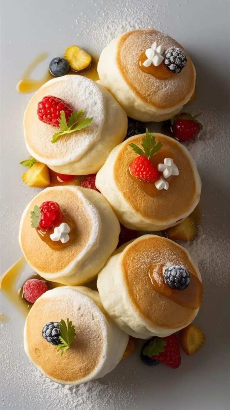 there are many desserts on the plate and one is decorated with strawberries, raspberries, blueberries, and lemon