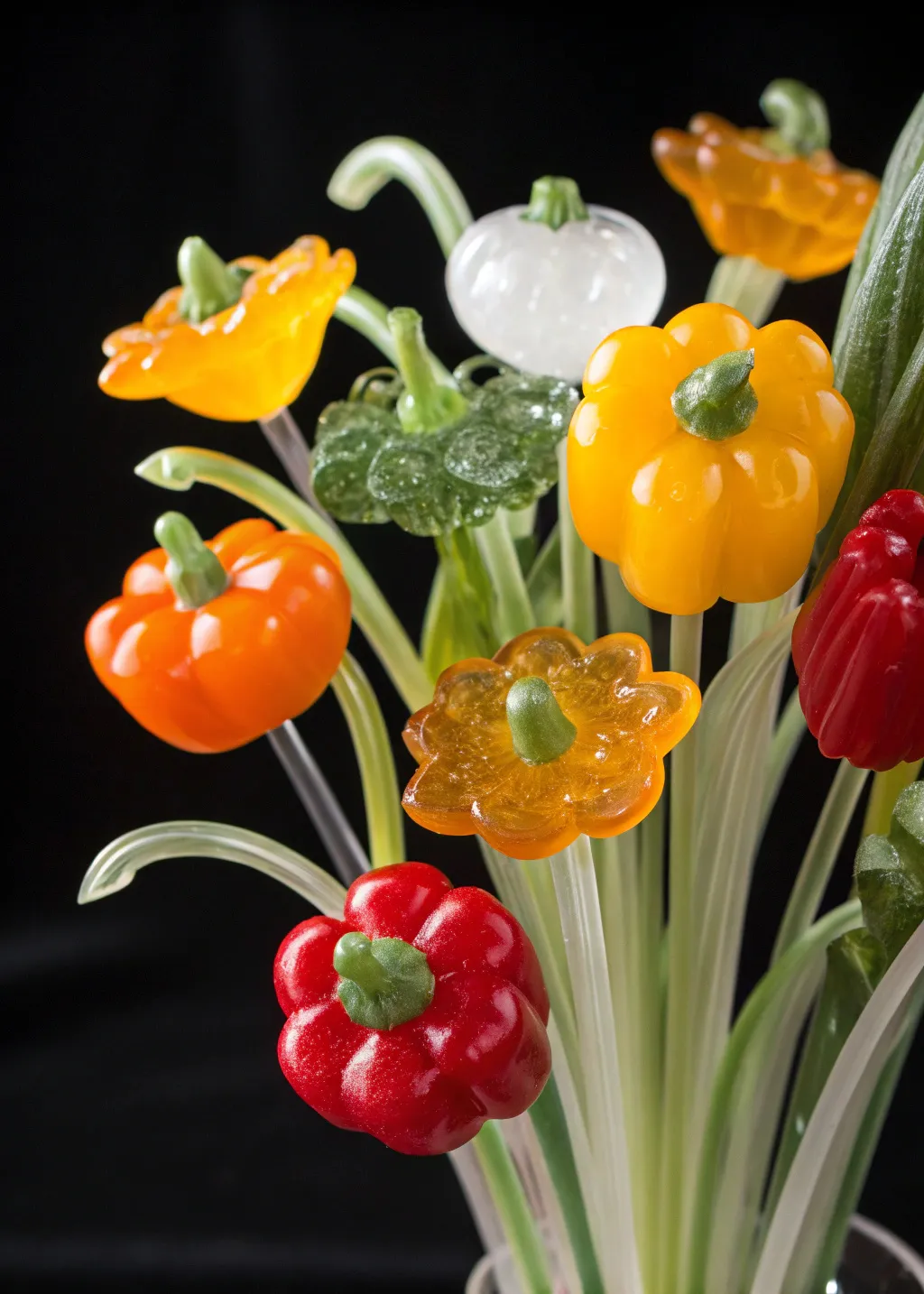 A photo of a vibrant, artificially created vegetables arrangement. The...