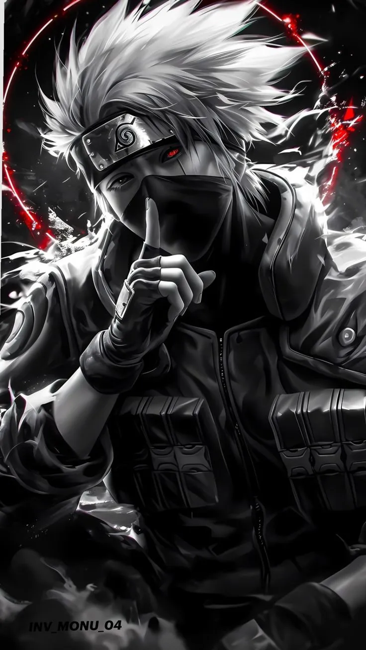 an anime character with white hair holding a cell phone in his hand and looking at the camera