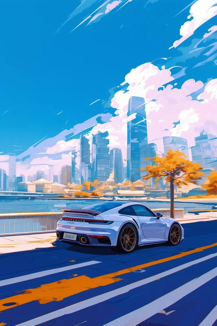 a white sports car driving down the road in front of a cityscape with skyscrapers