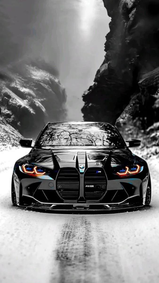 a black and white photo of a car on a snowy road