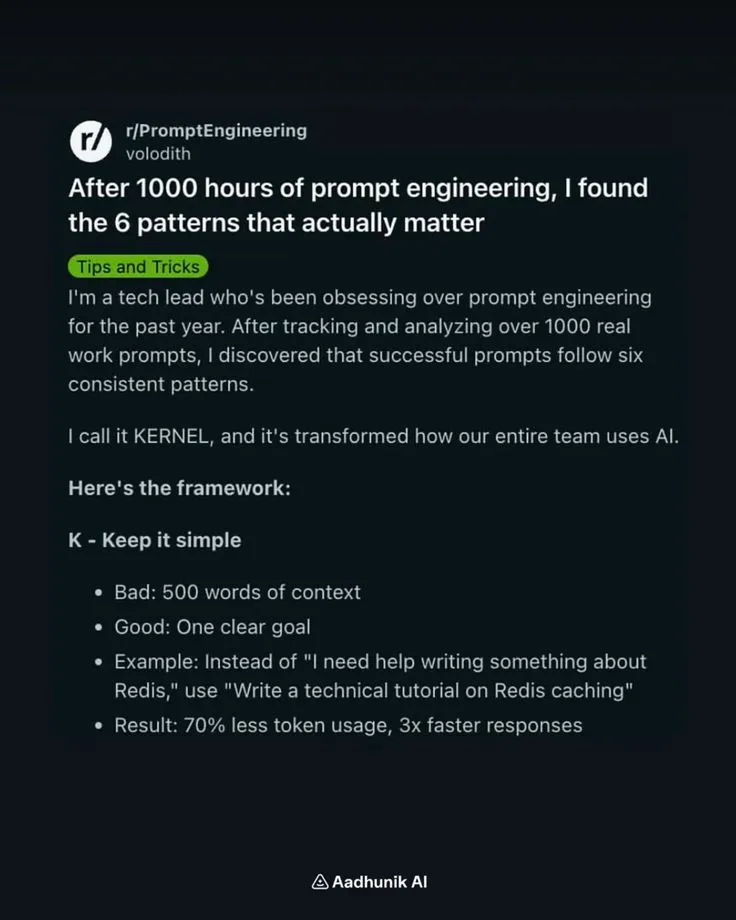 A Reddit user spent 1000+ hours testing AI prompts  and discovered the 6 rules that actually work.It’s called the K.E.R.N.E.L. framework  built for smarter prompting and consistent results.🧠 Why it matters:Clarity > CreativityStructure > RandomnessC