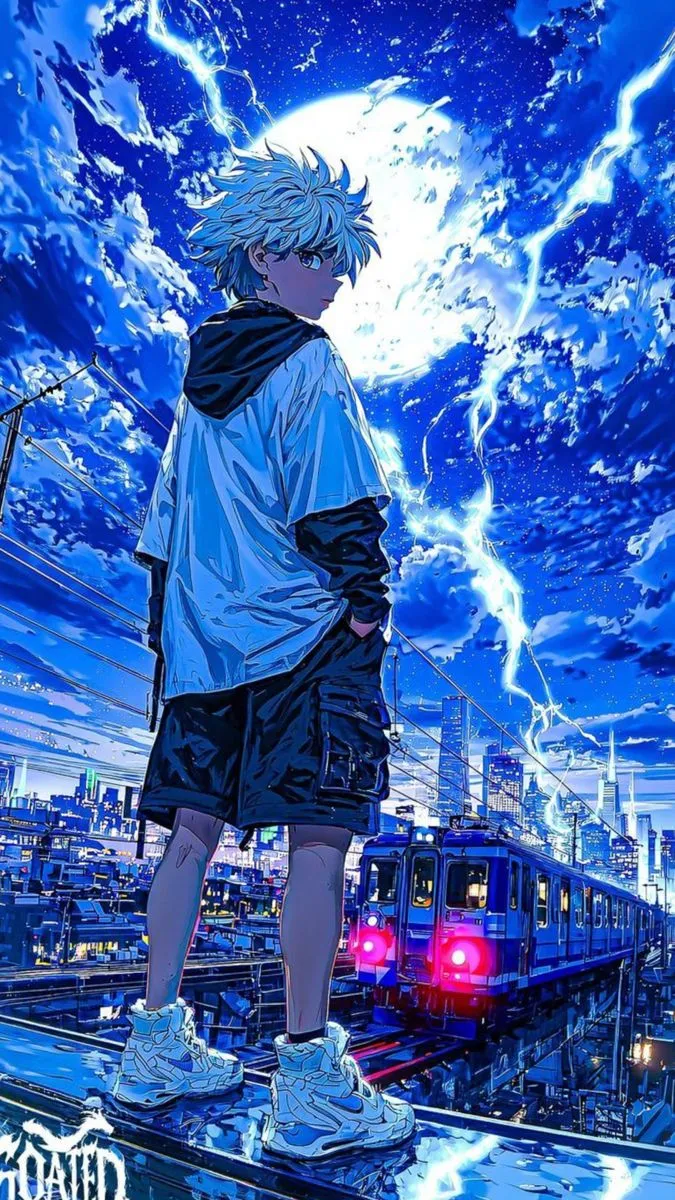 an anime character standing on top of a train track in front of a blue sky