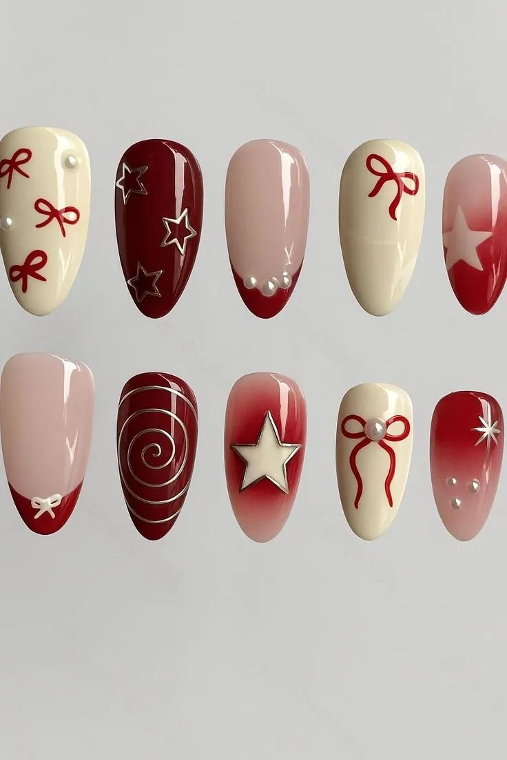 Red White Star Bow Press On Nails, Holiday Pearl Accent Nail Art, Festive Christmas Party Nails, Elegant Winter Coffin Nail Set
