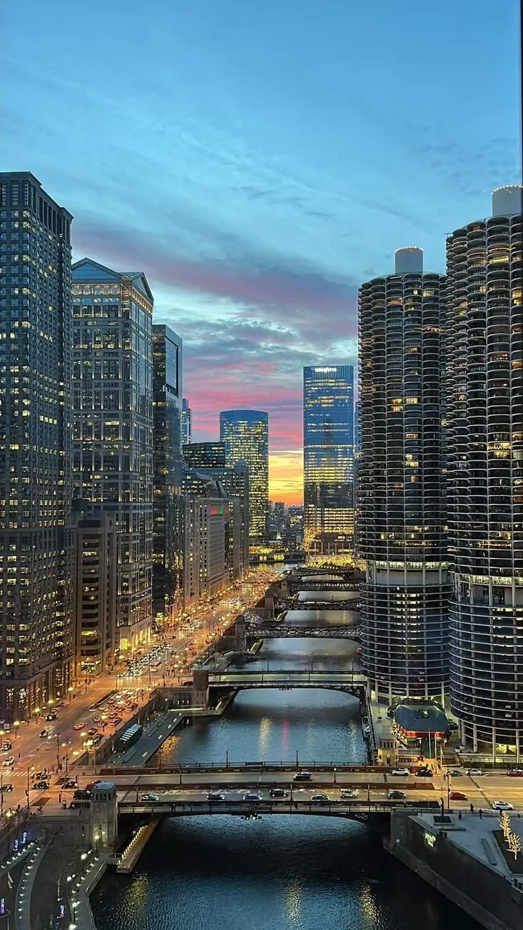 an aerial view of a city at night
