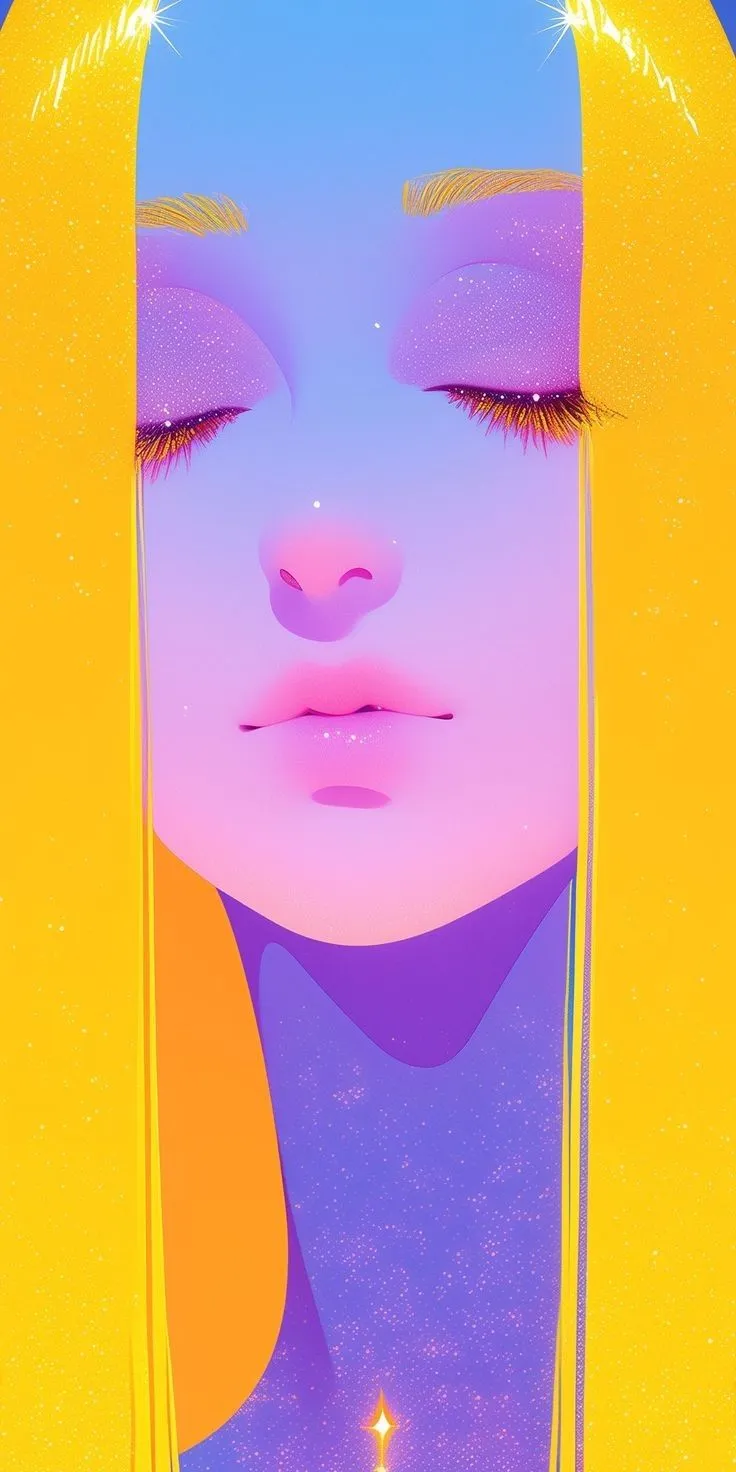 a woman's face with bright yellow hair and blue eyes is shown in this digital painting