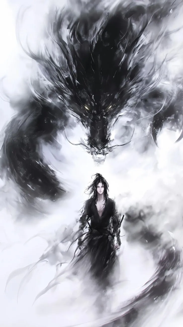 a woman standing in front of two black and white dragon like creatures with long hair