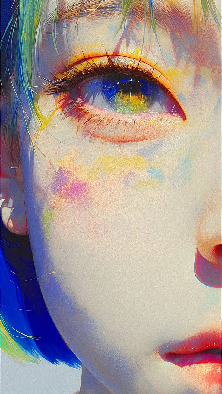 a woman's face with multicolored hair and makeup