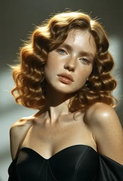 a painting of a woman with red hair and freckles on her face, wearing a black dress