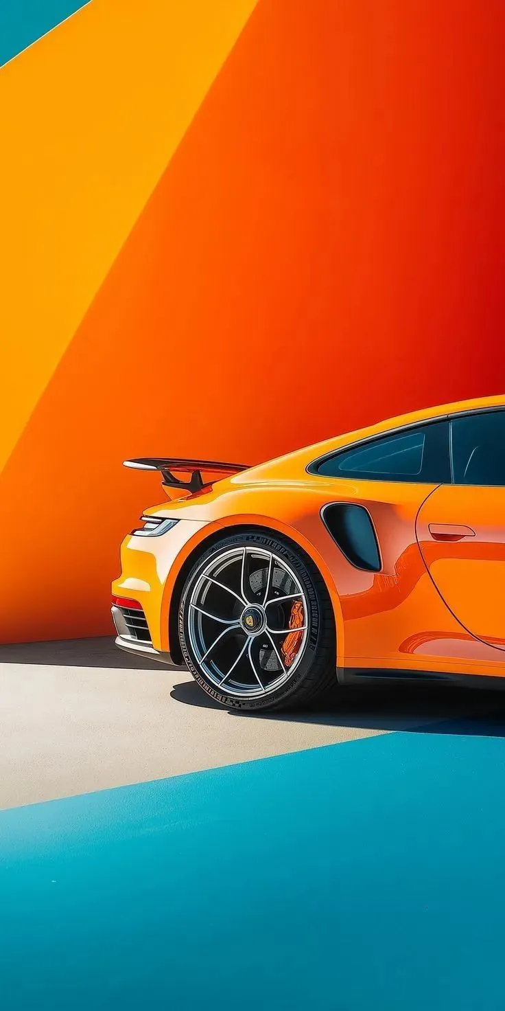 an orange sports car parked in front of a colorful wall