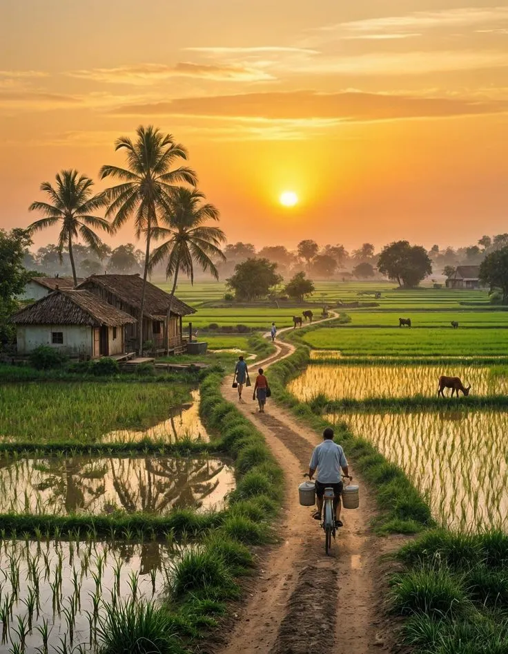 two people riding bikes down a dirt road in front of rice fields with cows grazing on the other side