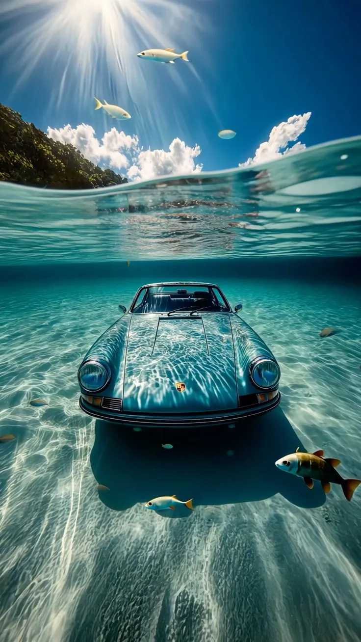 an old car in the ocean with fish swimming around it and sun shining through the clouds