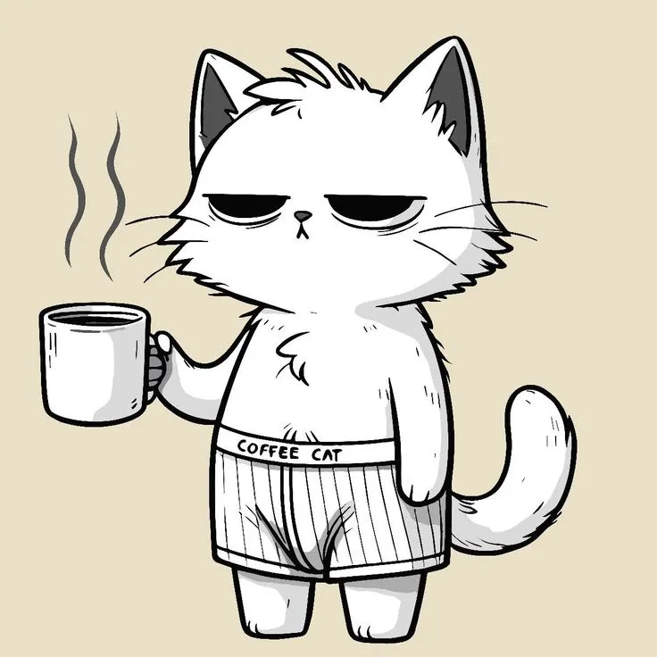 Tired cat with coffee
