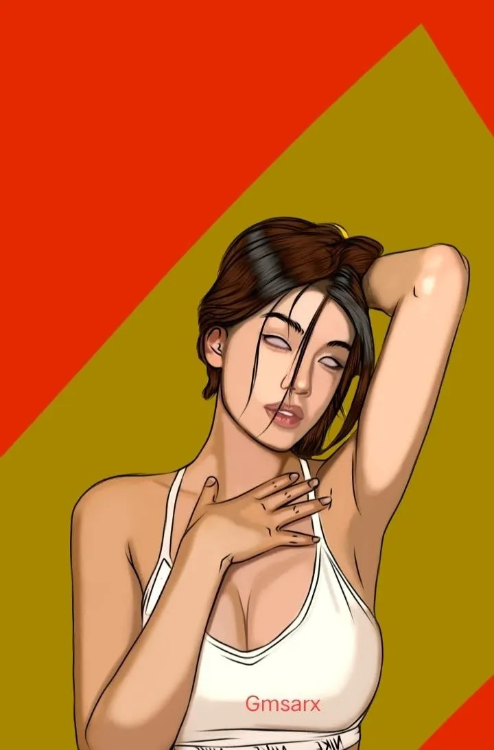 a drawing of a woman with her hands on her chest and arms behind her head