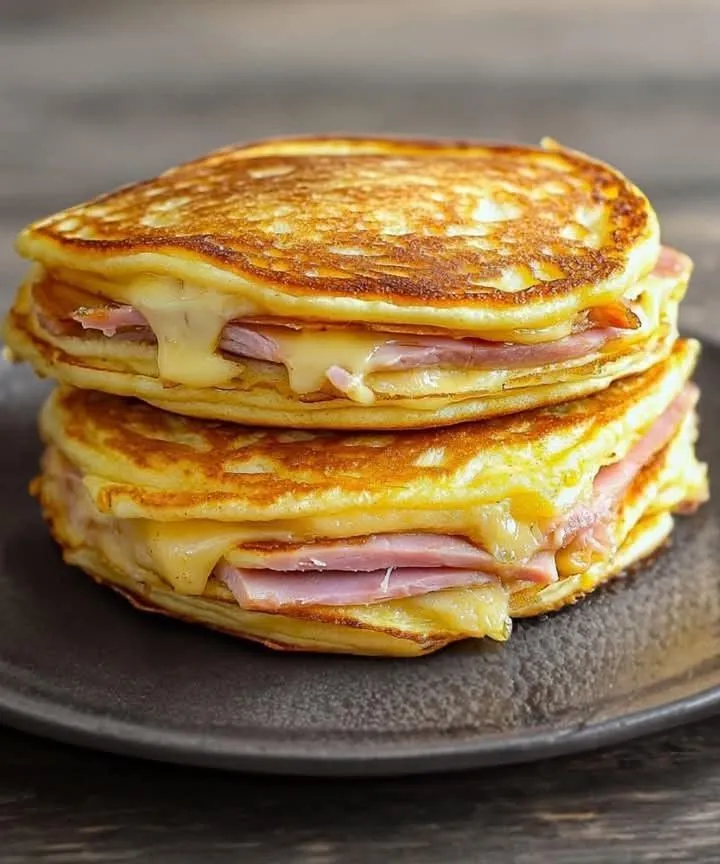 two pancakes with ham and cheese stacked on each other