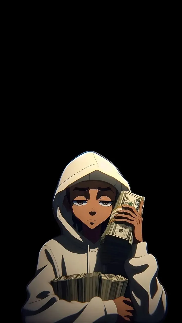 a person in a hoodie holding a stack of money and looking at the camera