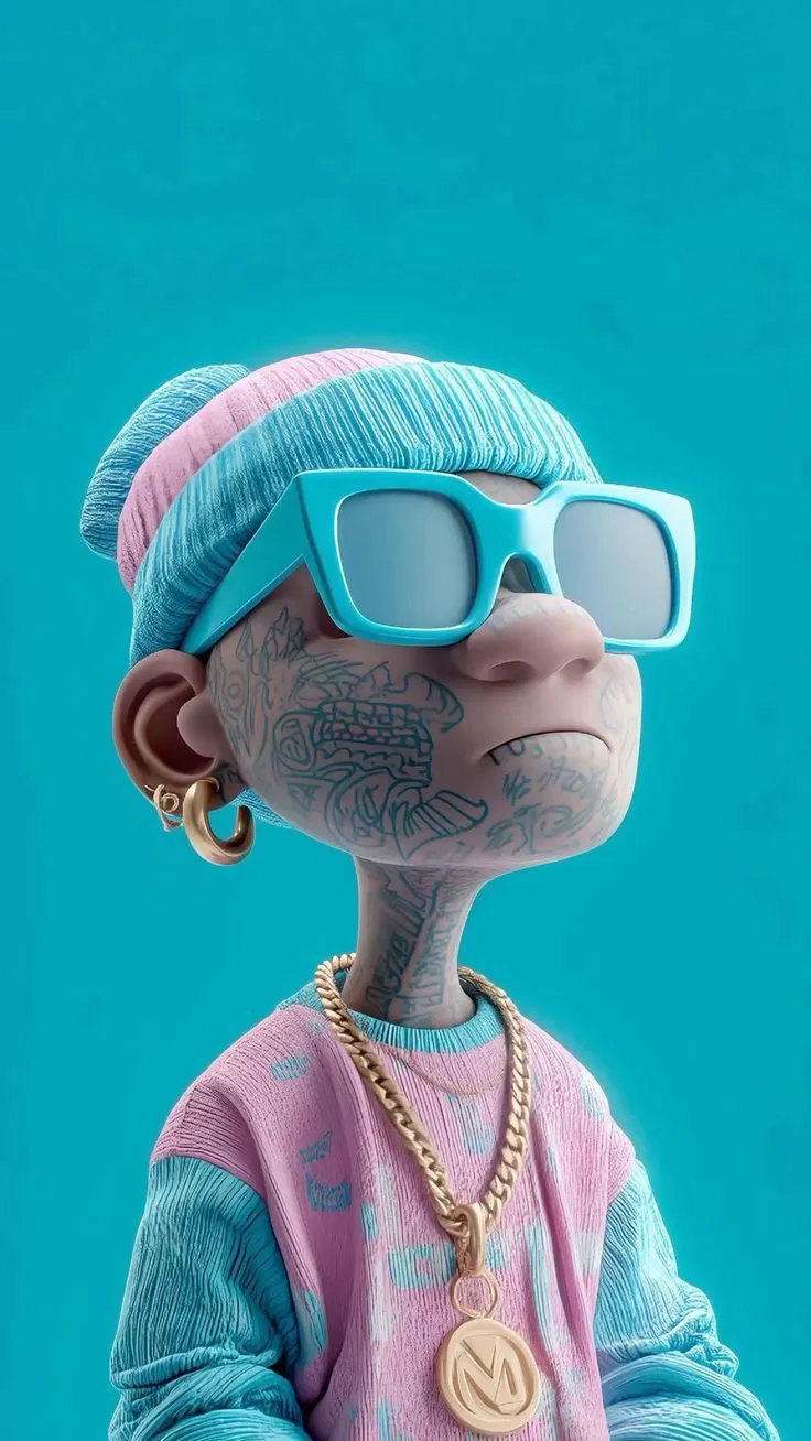 an alien wearing sunglasses and a pink shirt with tattoos on it's head is standing in front of a blue background