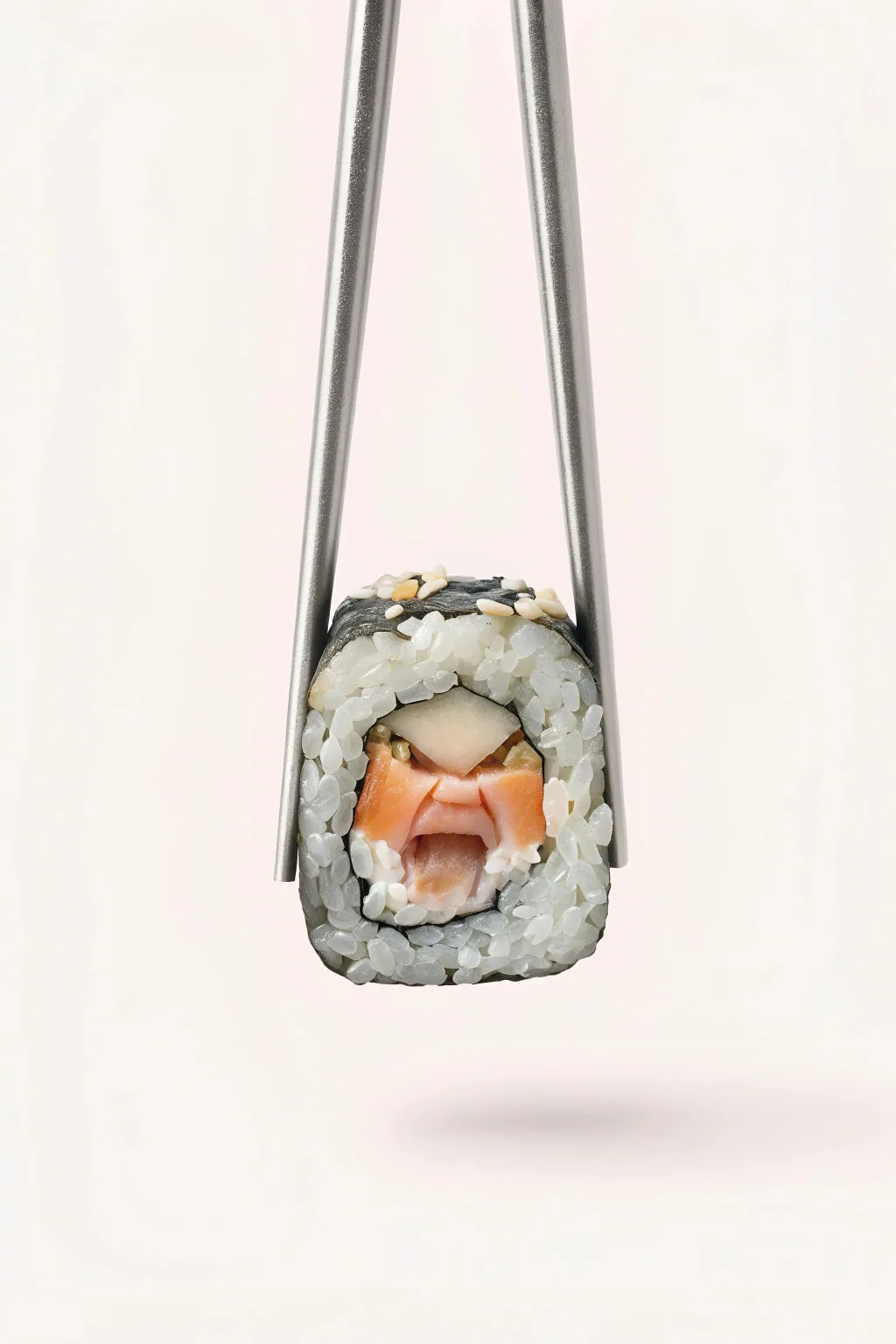 angry California sushi roll with angry face made of fish