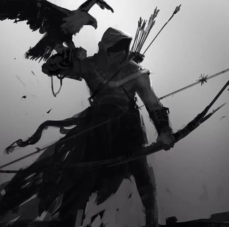 a man with an eagle on his shoulder holding two arrows