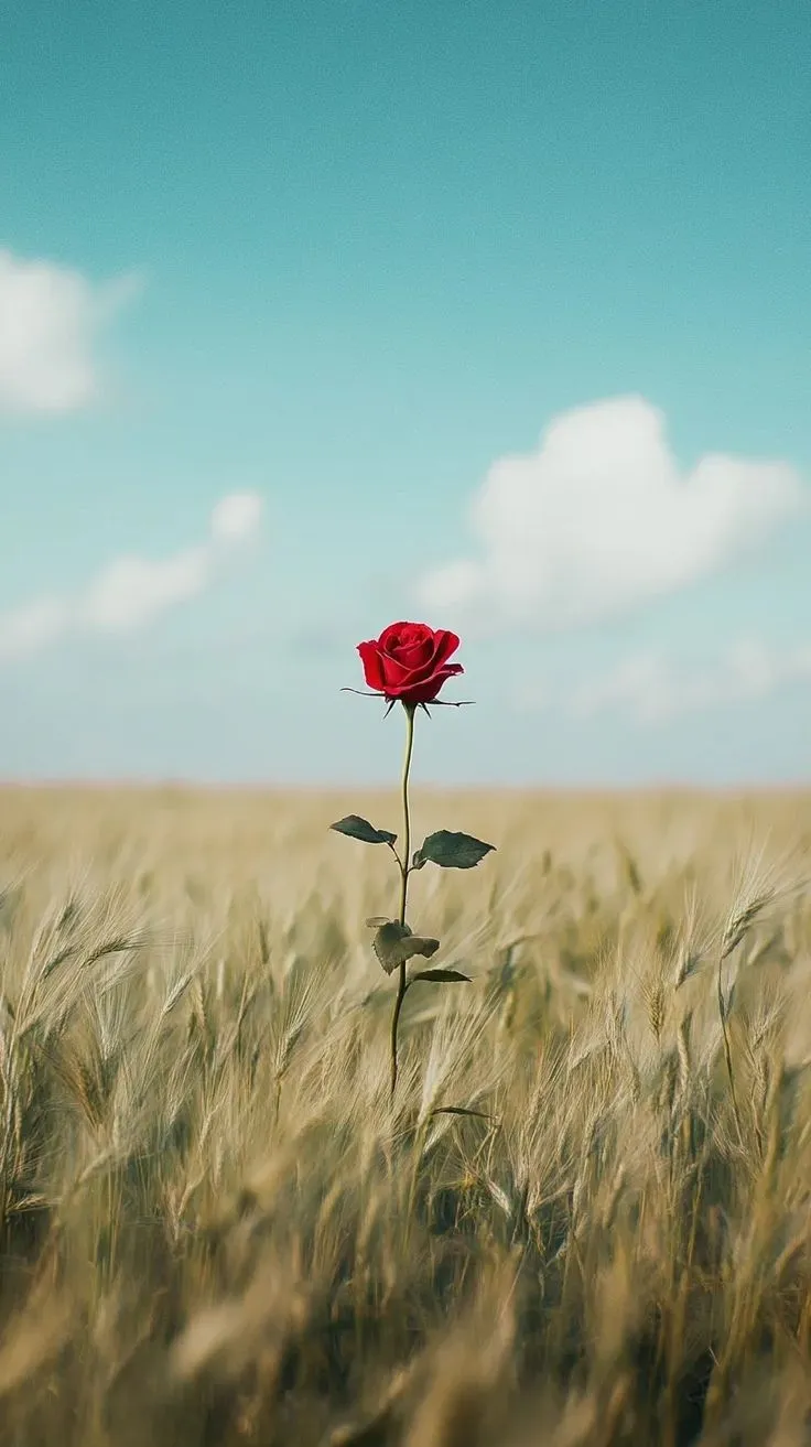 a single red rose in the middle of a wheat field