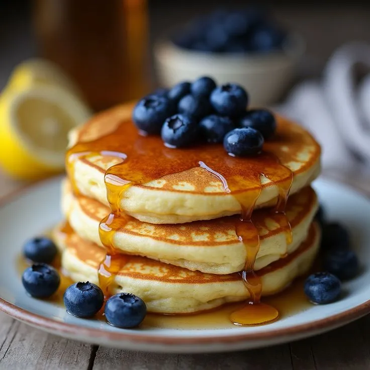 Blueberry Lemon Ricotta Pancakes 🫐🍋  Fluffy pancakes with fresh blueberries, zesty lemon, and creamy ricotta.  Ingredients  - 200g all-purpose flour  - 50g sugar  - 1 tsp baking powder  - 2 large eggs  - 150g ricotta cheese  - Zest and juice of 1 lemon  -