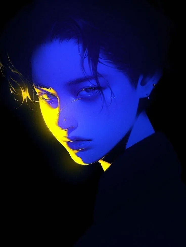 a young man with blue and yellow light on his face