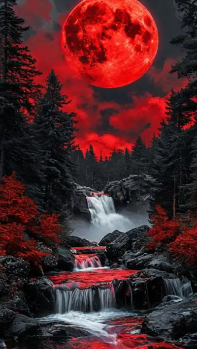 a red full moon over a waterfall in the woods