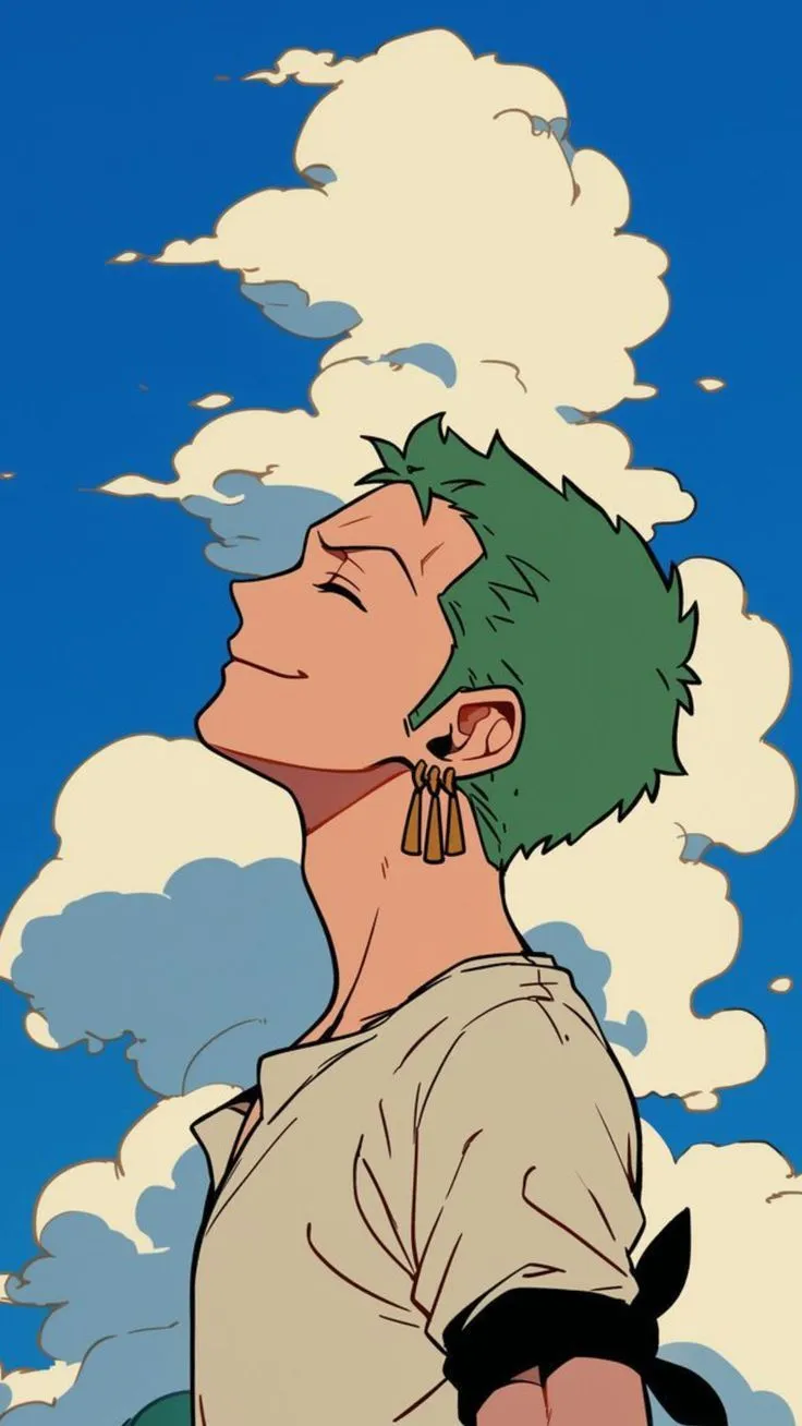 an anime character with green hair and piercings looking up at the sky in front of clouds