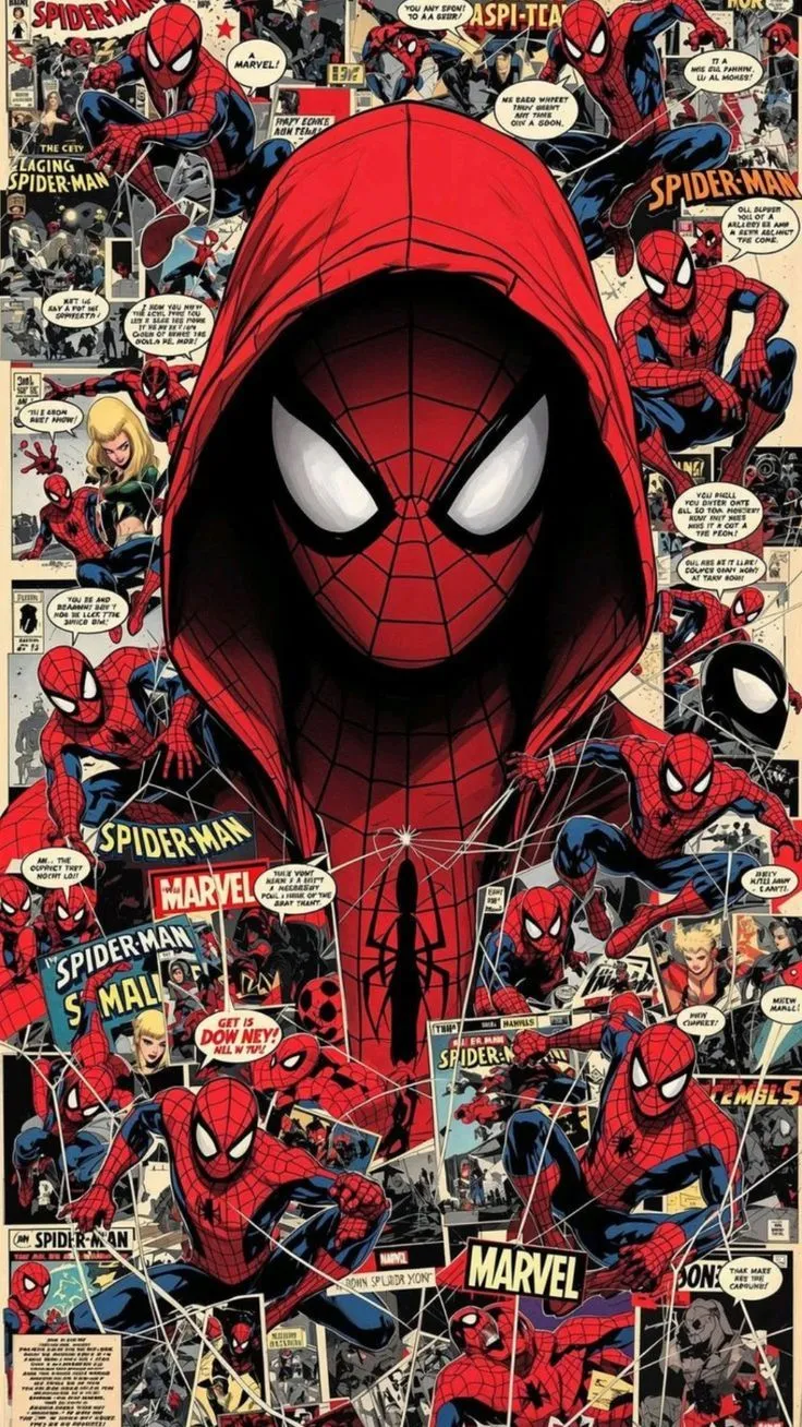 spider - man is surrounded by many comic characters and their faces are drawn in different colors