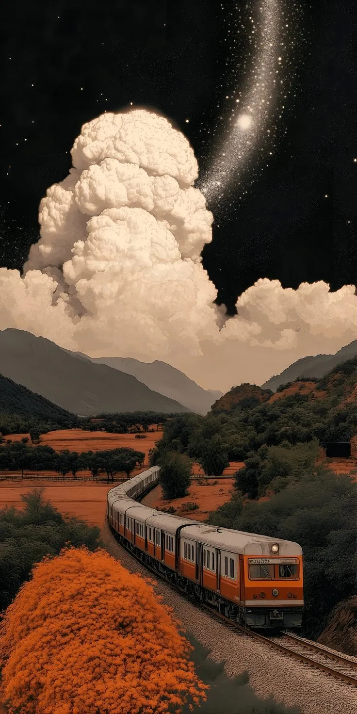 an orange train traveling down tracks under a cloud filled sky with stars and planets above