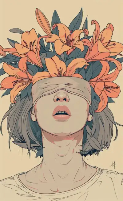 a drawing of a woman with flowers on her head and blindfold over her eyes