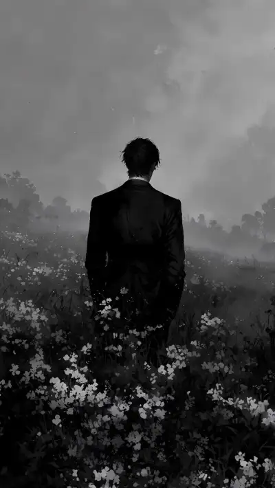 a black and white photo of a man in a suit standing in a field of flowers