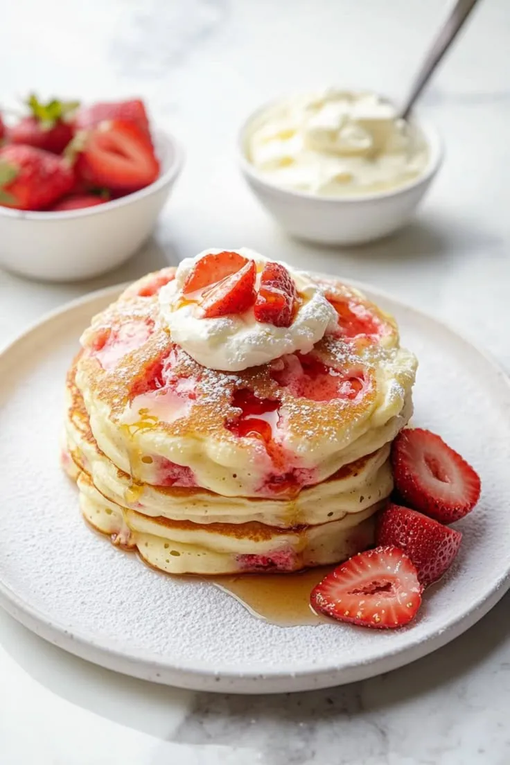 Fluffy Strawberry Pancakes with Strawberry Sauce