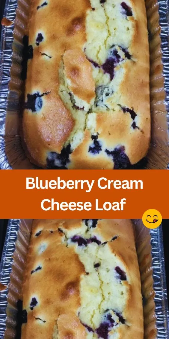 blueberry cream cheese loaf is shown in two separate pans with the same topping