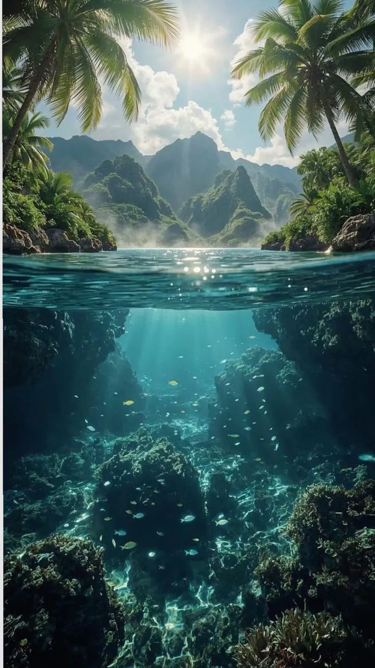an underwater view of the ocean with palm trees