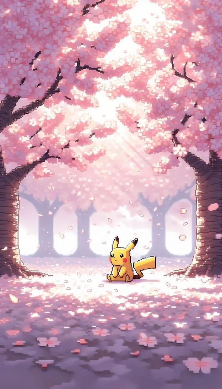 Pixel Pikachu Sakura Wallpaper – Cozy Cherry Blossom Pokémon Phone Background