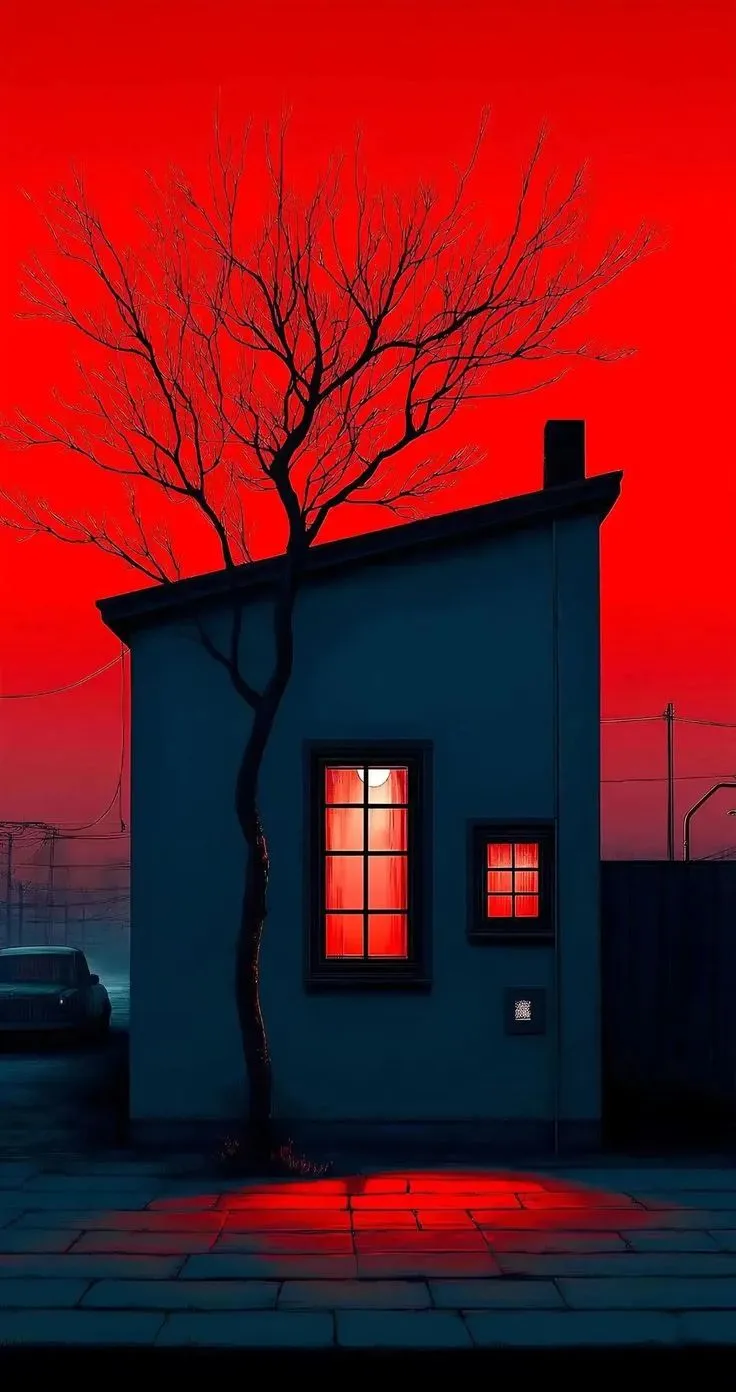 a painting of a house with a tree in front of it and the sun setting