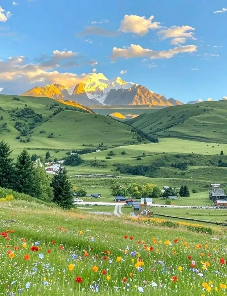 the mountains are covered in green grass and wildflowers, with houses on either side