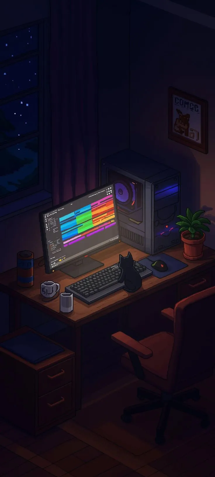 a computer desk with a cat sitting on top of it