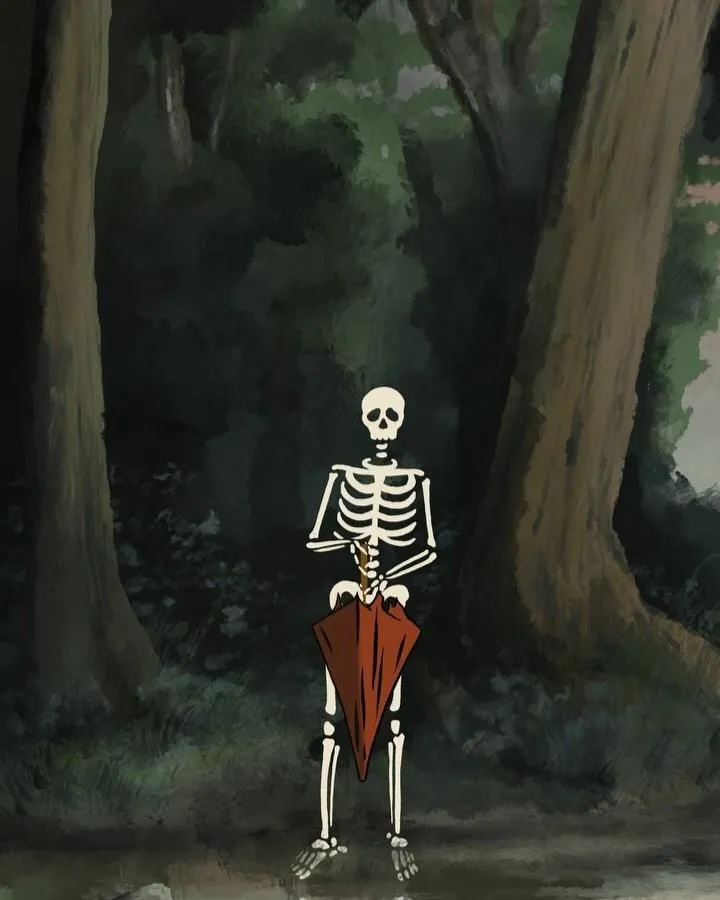 a skeleton standing in the middle of a forest with an umbrella on it's back