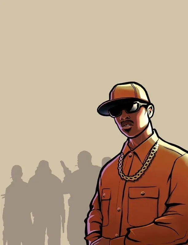 Wallpaper na work art mais famosa do GTA SAN Andreas do Cj no que seria a Orange Street Families