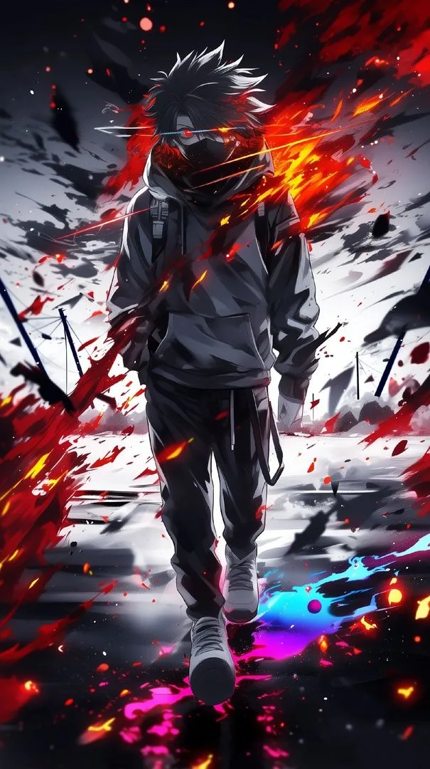 an anime character walking in the dark with red and yellow streaks on his face,