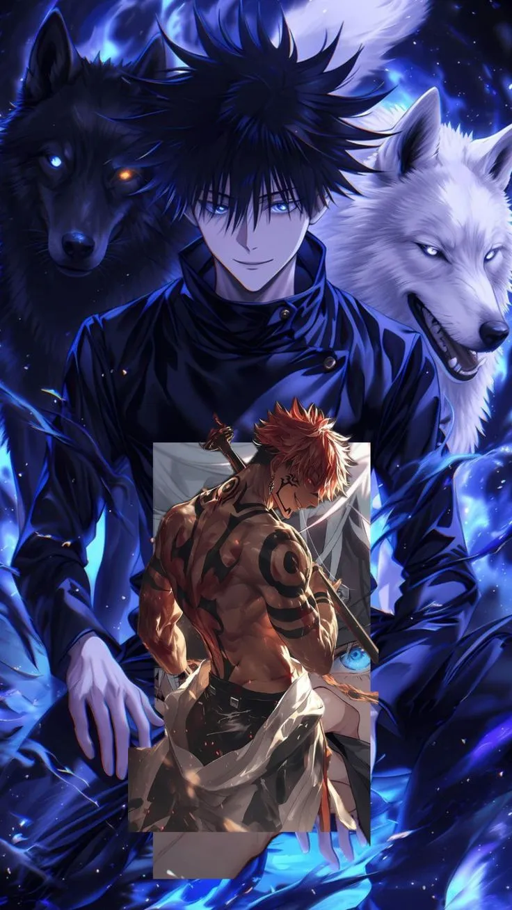 an anime character with two wolfs in front of him and the background is blue