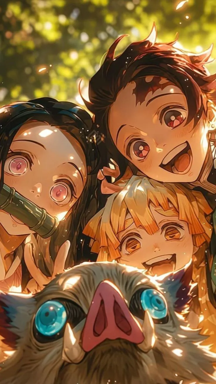 an animated image of some people and a cat with big blue eyes in front of trees