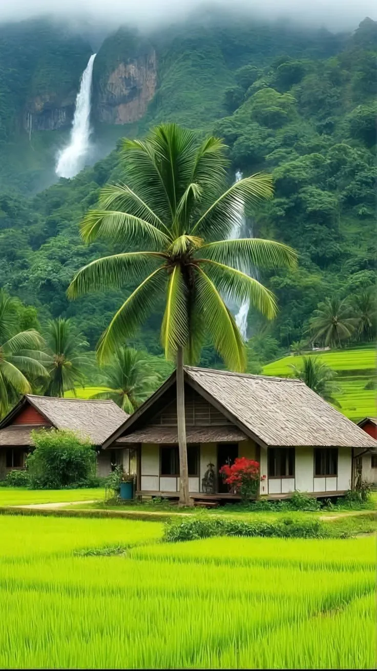 a lush green field with houses and trees in front of a large waterfall on the side of a mountain