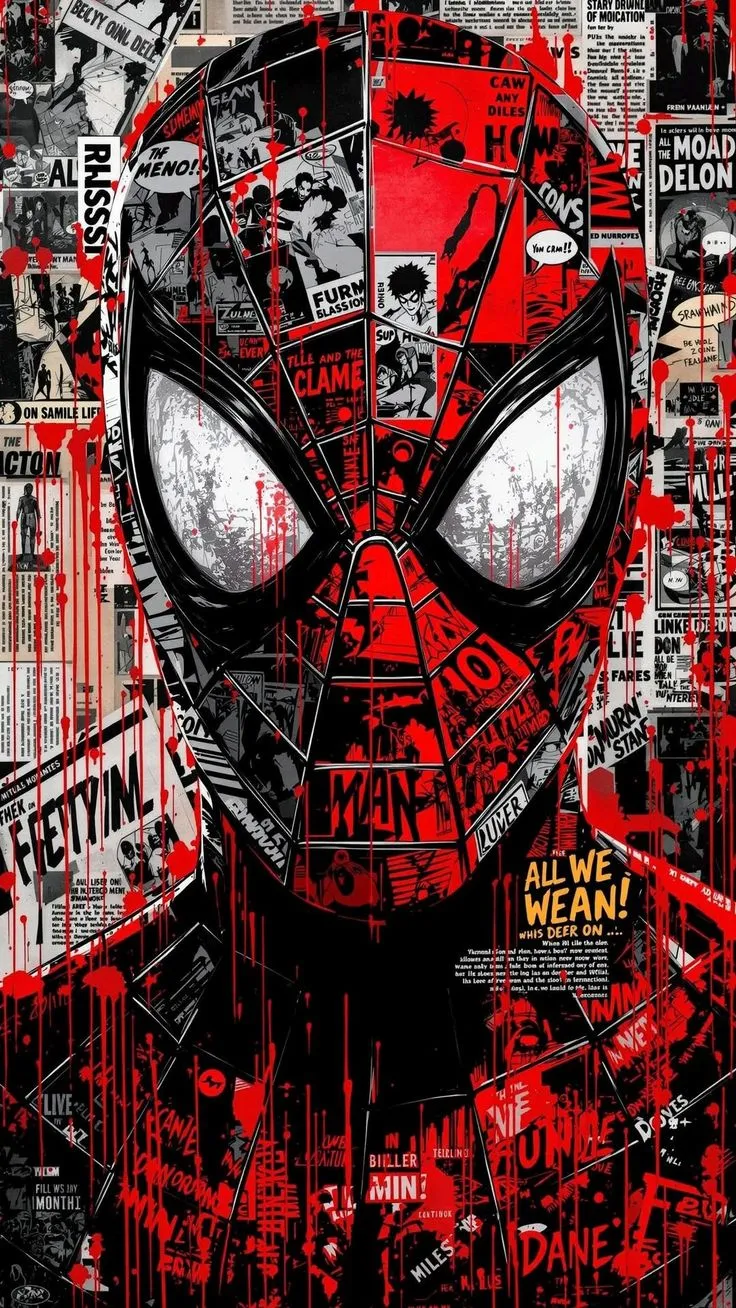 a spider man with many different faces and words on his face, all in red