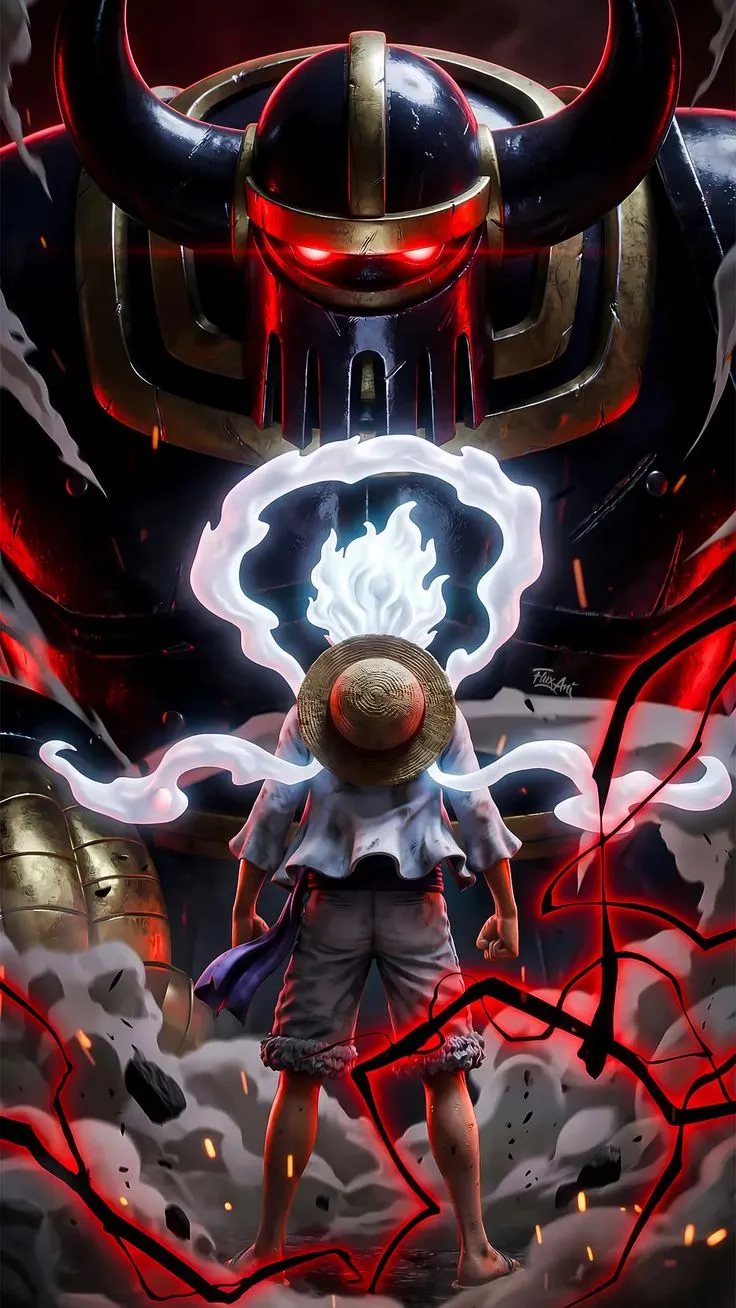 a man standing in front of a giant demon